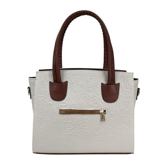 Floral White & Brown Cross Stitch Embossed Tooled Artisan LEATHER Bag Purse Tote - Picture 4 of 12